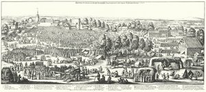 Reizigers bezoeken de geneeskrachtige bronnen in het dorp Hornhausen, 1646 (gravure)