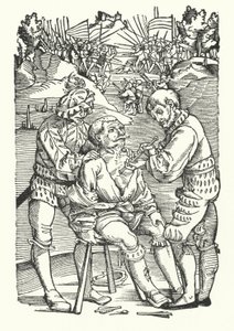 Behandeling van een gewonde soldaat op het slagveld (gravure) door German School