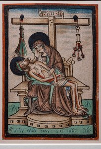 Vesperbeeld (Rouw), aquarel houtsnede door Duitse graveur, ca. 1450. De symbolen van Christus