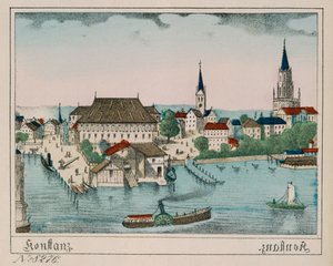 Uitzicht op Konstanz met de haven, Konzil en kathedraal, uit Neuruppiner Bilderbogen, 1830