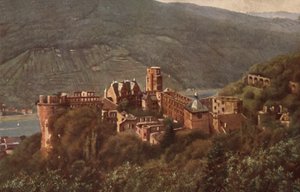 Gezicht op kasteel Heidelberg vanaf de Molkenkur (kleurenlitho)
