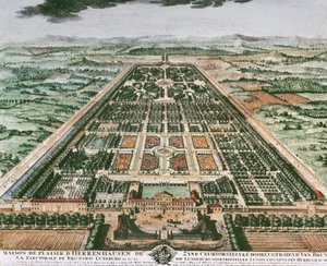 Uitzicht op tuin van Herrenhausen Castle, circa 1708, kleurenprint, Duitsland