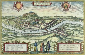 Uitzicht op de stad Salzburg aan de oevers van de rivier de Salzach met het kasteel Honensalzburg op de achtergrond, uit 