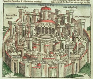Uitzicht op de ommuurde stad Jeruzalem met de Tempel van Salomo en de stadspoorten, uit de Neurenberg Kroniek door Hartmann Schedel (1440-1514) 1493 door German School