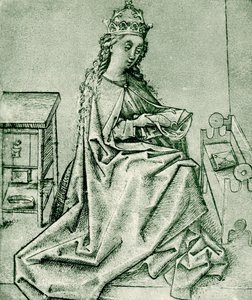 Maagd Maria biddend in een gotische kamer