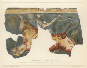 Muurschildering uit het Myceense paleis in Tiryns, Griekenland, opgegraven door de Duitse archeoloog Heinrich Schliemann door German School