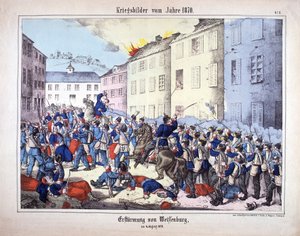Oorlog van 1870: De verovering van Wissembourg (Slag bij Weissenburg) tussen de soldaten van het Pruisische leger en de Fransen op 4 augustus door German School
