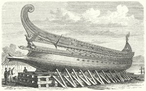 Oorlogsschip ontworpen door Napoleon III van Frankrijk gebaseerd op een oude Romeinse trireem (gravure)