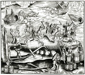Walvisvangst, naar een houtsnede in Cosmographie Universelle van Munster, gepubliceerd 1552 door German School