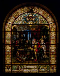 William Caxton toont zijn eerste gedrukte boek aan Edward IV en zijn vrouw, Elizabeth Woodville in 1477, door Mayer en Co., München