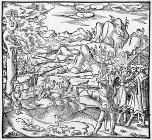 Willem Tell, illustratie uit Cosmographie Universelle door Sebastien Munster, uitgegeven Basel, 1559