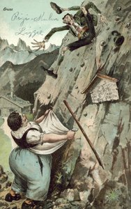 Vrouw vangt man die van berg valt (kleur litho) door German School