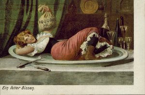 Vrouw liggend op een schotel met een geldzak (kleurenlitho)
