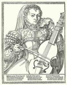 Vrouw die een cello speelt (gravure)