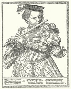Vrouw die een fluit speelt (gravure) door German School