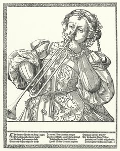 Vrouw die een trombone of sackbut bespeelt door German School