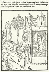 Houtsnede die een scène uit de legende van Melusine afbeeldt door German School