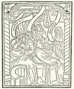 Houtsnede uit de eerste editie van werken van Alain Chartier (gravure)