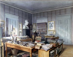 Werkruimte van Wilhelm Grimm in Berlijn, Linkstrasse 7. Gravure door Mr. Hoffmann. Nationalmuseum, Neurenberg. 1860