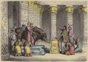 Aanbidding van de Apis-stier in het oude Egypte (gekleurde gravure)