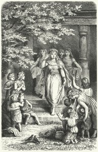 Jonge Duitse vrouwen dragen kransen om het festival van Eostre (Ostara) te vieren