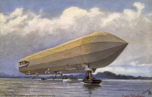 Zeppelin luchtschip stijgt op vanaf een meer door German School