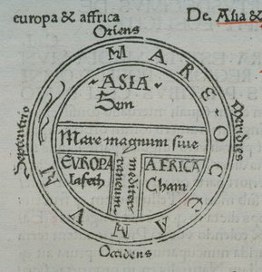 f.177v T-in-O kaart, met letterpress plaatsnamen, uit Isidore van Sevilla, Liber Etimologiarvm