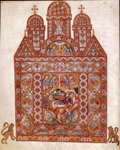 Geboorte van Christus. Miniatuur van de Codex van Egbert (Codex Egberti) door de school van Reichenau. Circa 980 door German School