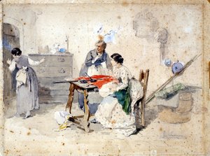 Milanese vrouwen maken de Italiaanse driekleurige vlag. Aquarel door Gerolamo Induno. Milaan, Museo del Risorgimento