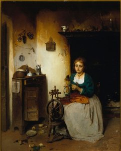 Jonge vrouw die wol spint, haar uitdrukking is verdrietig en haar interieur ellendig. Schilderij door Gerolamo (Girolamo) Induno (1825-1890). Genes Nervi, Galleria d