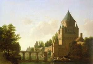Avondzicht op de Kleine Houtpoort in Haarlem door Gerrit Adriaensz Berckheyde