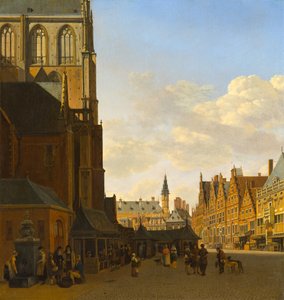 De vismarkt en de Grote Kerk in Haarlem door Gerrit Adriaensz Berckheyde