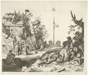 Rustende Roma familie voor een vervallen herberg door Gerrit Adriaensz. de Heer