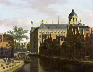 Amsterdam, the Nieuwezijds Voorburgwal near the Bloemmarkt door Gerrit Adriaenszoon Berckheyde