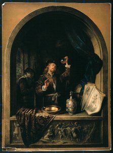 Een arts onderzoekt een urinemonster van een oudere vrouw door Gerrit Dou