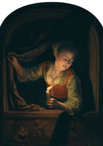 Dutch: Jonge vrouw met kaars in een venster Young Woman with a lighted Candle at a Window door Gerrit Dou