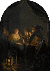 Slapende vrouw geplaagd door twee soldaten door Gerrit Dou