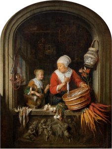 Vrouw die haring verkoopt en meisje in een etalage door Gerrit Dou