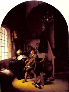 Jonge violist zittend in zijn studeerkamer door Gerrit Dou