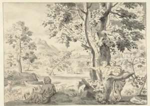 Bomenrijk landschap met een herder, een man en een vrouw door Gerrit Grasdorp (possibly)
