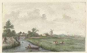 Landschap met een sloot en een landweg
