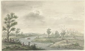 Landschap met kronkelende rivier en hengelaars
