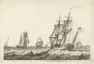 Brik en andere schepen op een breed vaarwater