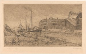 Afgemeerde schuiten bij een fabriek door Gerrit Haverkamp (signed by artist)
