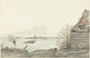 Gezicht op het overstroomde Ransdorp, februari 1825 door Gerrit Lamberts