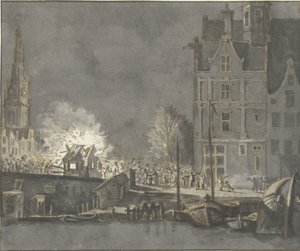 Verbranden der douanehuisjes bij de Nieuwebrug te Amsterdam