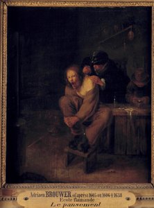 Operatie (of verband). Een chirurg verzorgt een patiënt. Schilderij door Gerrit Lundens na Adriaen Brouwer. 17e eeuw