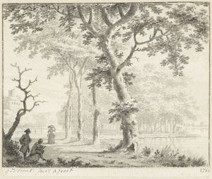 Bomen aan de waterkant en een tekenaar