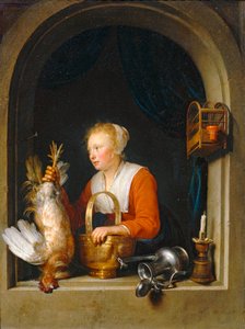 Femme accrochant un coq à sa fenetre, dit aussi La Menagère hollandaise - Vrouw die een haan in haar winrow hangt, ook wel de Hollandse huisvrouw ...