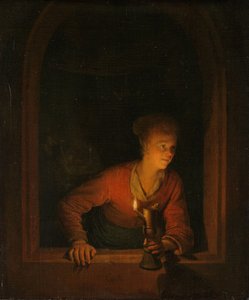Meisje met een Olie Lamp bij een Raam